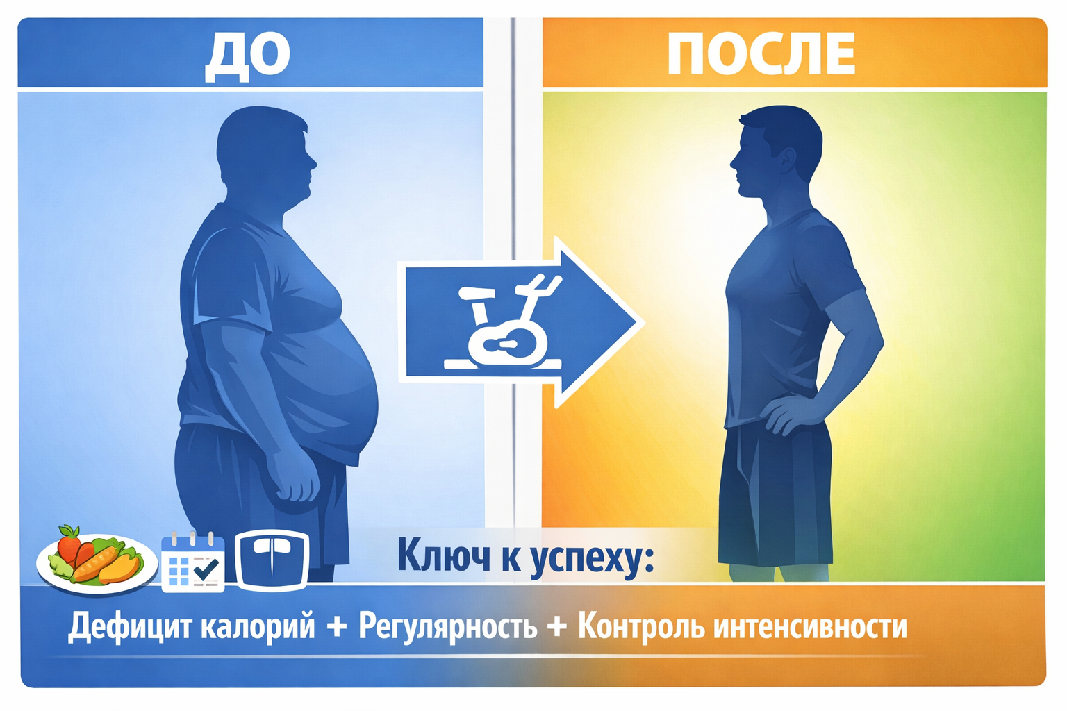 Обезличенные силуэты &laquo;До/После&raquo; с подписью о важности дефицита калорий и регулярности